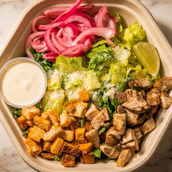 Overhead view of a salad bowl with lettuce, chicken, croutons, pickled onions, lime, and dressing.