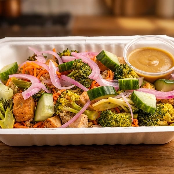 A takeout container filled with a colorful salad, including broccoli, cucumbers, and red onions.