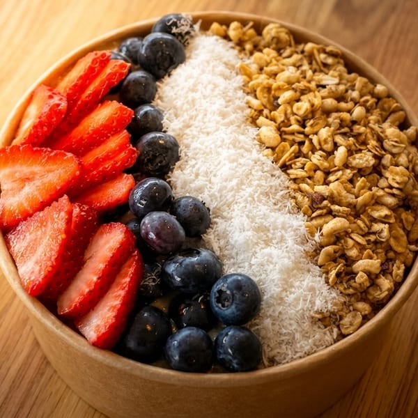 A colorful breakfast bowl with strawberries, blueberries, shredded coconut, and granola on a wooden table.